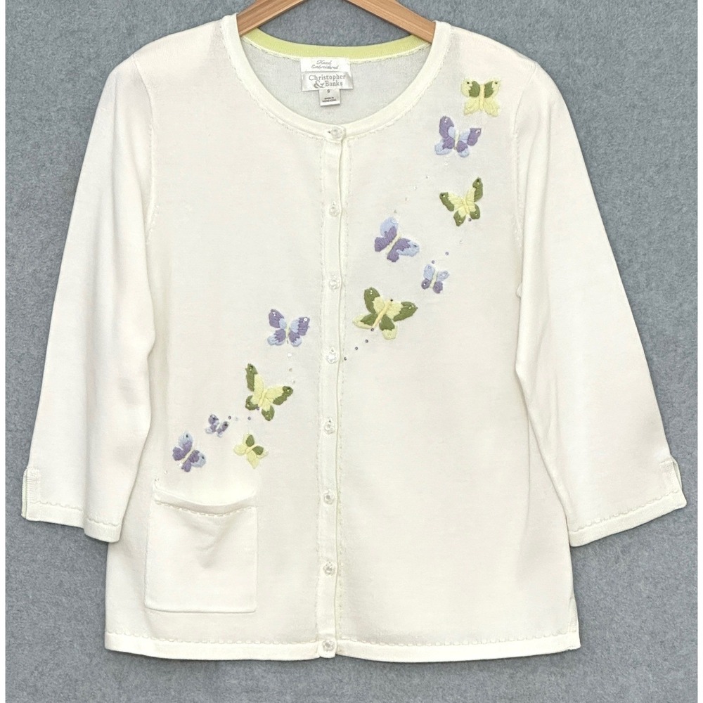 VTG Soft Girl Womens Cardigan S Ivory Pastel Butterflies Embroidered Feminine